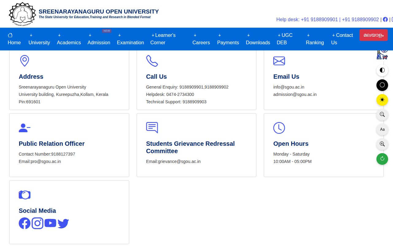 Official SGOU page on sgou.ac.in: contact SGOU administration for fee payment issues
